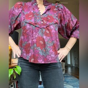 Karlie purple/pink floral Boho pleat top, large